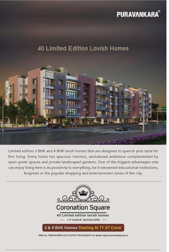 Book 3  and 4 BHK homes starting at  Rs. 1.97 Cr at Purva Coronation Square in Bangalore Update